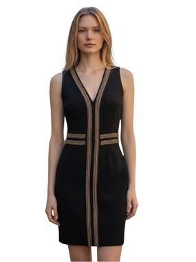 4/$24 Valentine Black &‎ Gold Trim V-Neck Sleeveless Bodycon Midi Dress